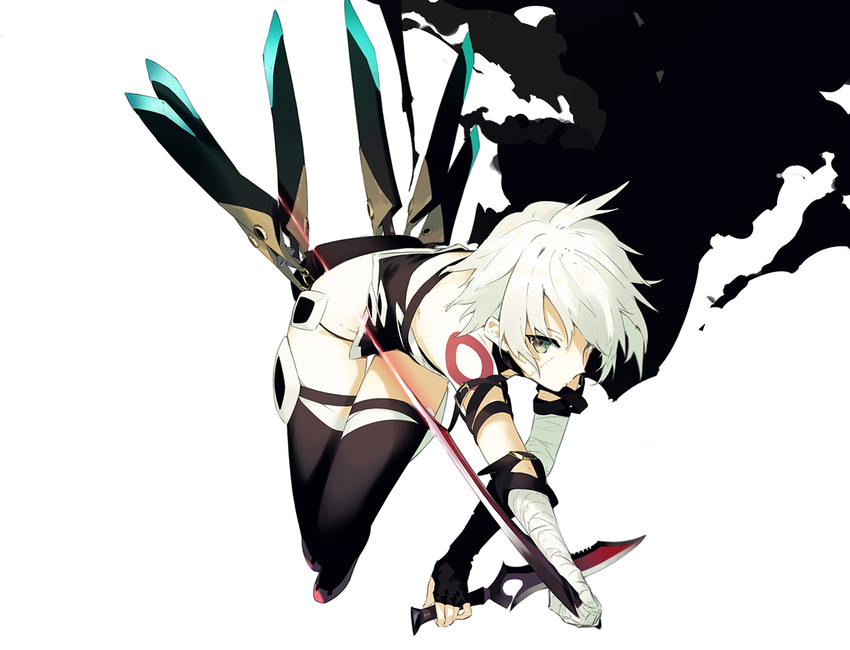 bandages bare_shoulders belt black_legwear dual_wielding fate/apocrypha fate_(series) fingerless_gloves gloves green_eyes holding jack_the_ripper_(fate/apocrypha) knife la-na looking_at_viewer reverse_grip scar short_hair simple_background single_glove slashing solo tattoo thighhighs weapon white_background white_hair