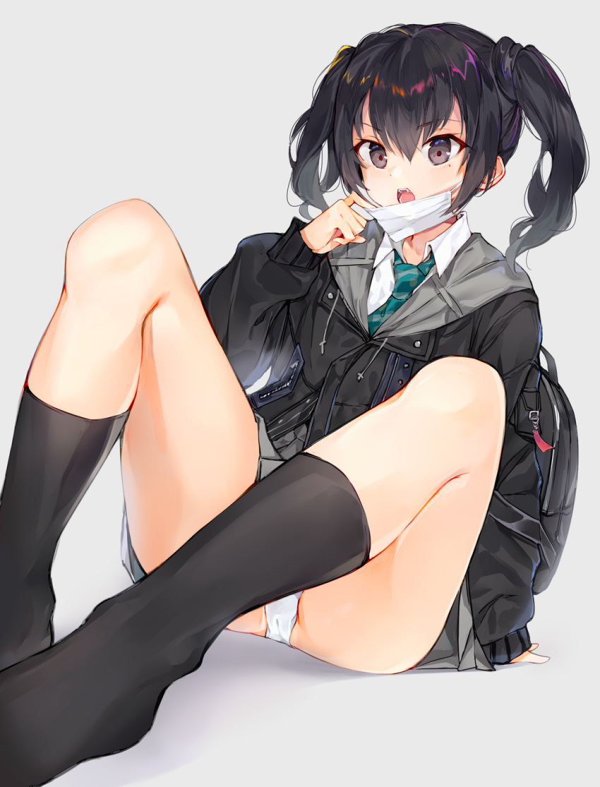 1girl bag bangs black_eyes black_hair black_legwear blush collared_shirt grey_background hair_between_eyes highres hoshiineko idolmaster idolmaster_cinderella_girls kneehighs long_hair long_sleeves looking_at_viewer mask_pull mole mole_under_eye necktie open_mouth panties pantyshot pantyshot_(sitting) parka pleated_skirt sharp_teeth shirt simple_background sitting sketch skirt solo striped sunazuka_akira surgical_mask teeth twintails underwear white_panties