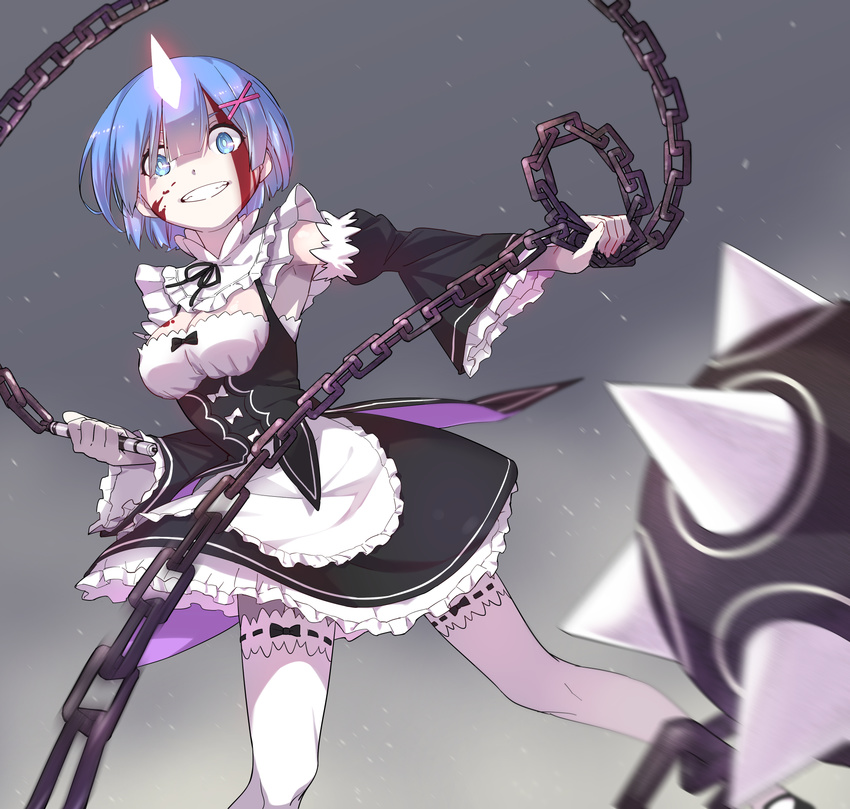 apron bangs blood blood_on_breasts blood_on_face blood_splatter blue_eyes blue_hair chain collar detached_collar detached_sleeves flail frilled_apron frilled_shirt_collar frilled_skirt frilled_sleeves frills garter_straps glowing_horn grin gulim hair_ornament highres holding holding_weapon horn injury looking_at_viewer maid maid_apron maid_headdress morning_star neck_ribbon re:zero_kara_hajimeru_isekai_seikatsu rem_(re:zero) ribbon short_hair skirt smile solo teeth thighhighs weapon white_legwear wide_sleeves x_hair_ornament