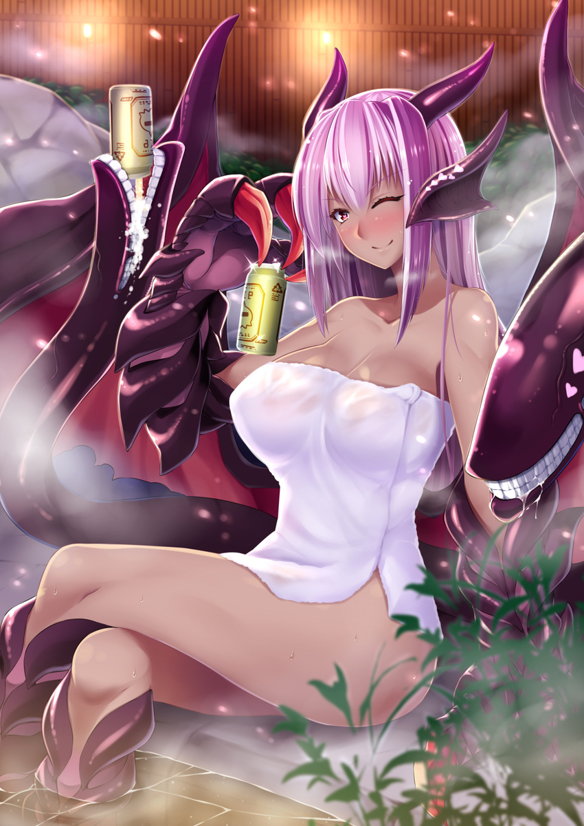 ;) absurdres alcohol bare_shoulders beer beer_can blush breasts butter-t can claws crossed_legs dark_skin dragon_girl dragon_wings drinking extra_mouth highres horns jabberwock_(monster_girl_encyclopedia) large_breasts long_hair monster_girl monster_girl_encyclopedia naked_towel one_eye_closed onsen paws purple_hair red_eyes sitting smile solo steam sweat towel water wings