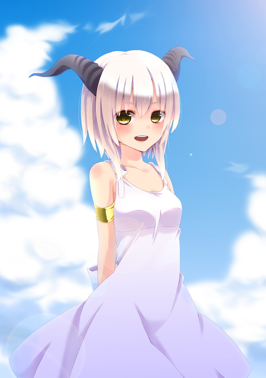 armlet arms_behind_back bare_shoulders blue_sky chitose_(usacan) cloud day dress highres horns lens_flare looking_at_viewer open_mouth original short_hair_with_long_locks sky solo sundress white_dress white_hair yellow_eyes