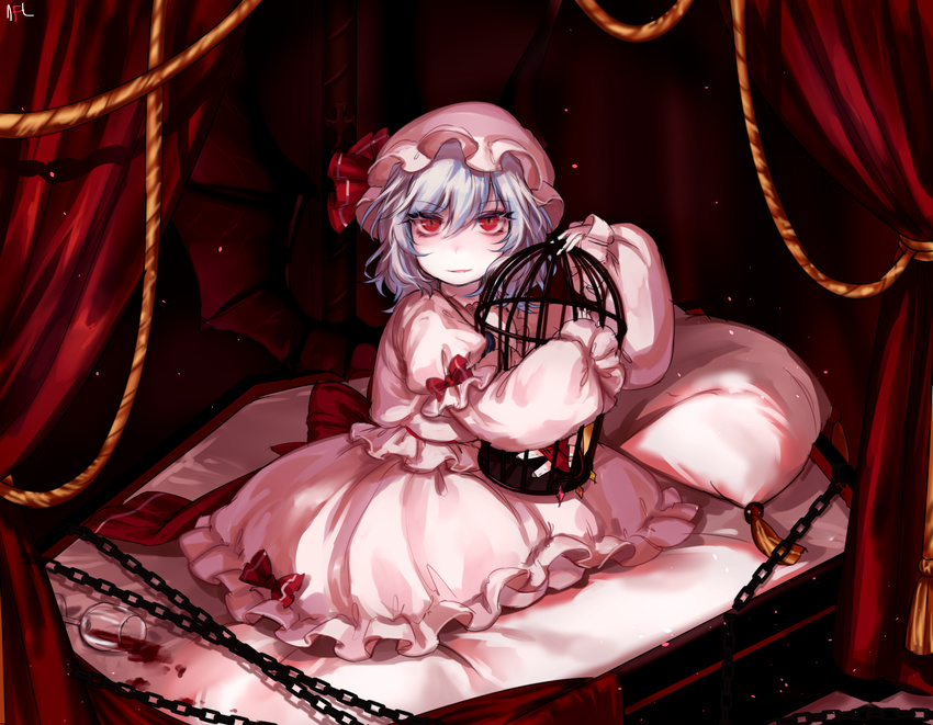 ambiguous_red_liquid bat_wings bed birdcage bow cage canopy_bed chain character_doll cup dress drinking_glass flandre_scarlet full_body hat hat_ribbon highres juliet_sleeves lavender_hair long_sleeves looking_at_viewer mob_cap object_hug on_bed pillow pink_shirt pink_skirt puffy_long_sleeves puffy_sleeves red_bow red_eyes red_ribbon remilia_scarlet ribbon shan shirt short_hair skirt skirt_set smile solo spill touhou wine_glass wings