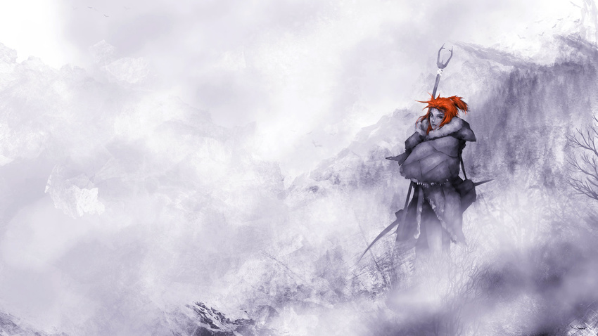 a_song_of_ice_and_fire bow_(weapon) brown_eyes darren_geers deviantart_sample game_of_thrones highres hood hood_down ice image_sample monochrome mountain orange_hair polearm ponytail solo spear tree weapon ygritte