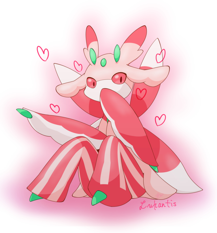 character_name gen_7_pokemon gouridechestnut heart highres lurantis no_humans orchid_mantis pink_eyes pokemon pokemon_(creature) praying_mantis sitting solo white_background