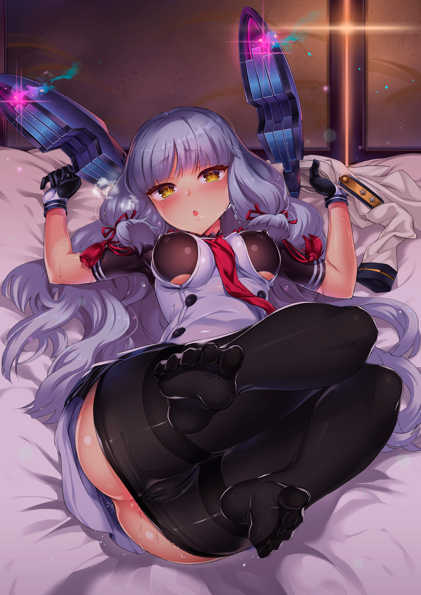 bangs blunt_bangs blush breasts cameltoe chestnut_mouth crotch_seam dress eyebrows eyebrows_visible_through_hair feet gloves hair_ornament hair_ribbon headgear heavy_breathing highres holding holding_jacket jacket kantai_collection kuon_michiyoshi long_hair lying medium_breasts murakumo_(kantai_collection) necktie nipples no_shoes on_back on_bed pantyhose pantyhose_pull remodel_(kantai_collection) ribbon sailor_dress skin_tight solo suggestive_fluid thighband_pantyhose toes tress_ribbon white_hair yellow_eyes