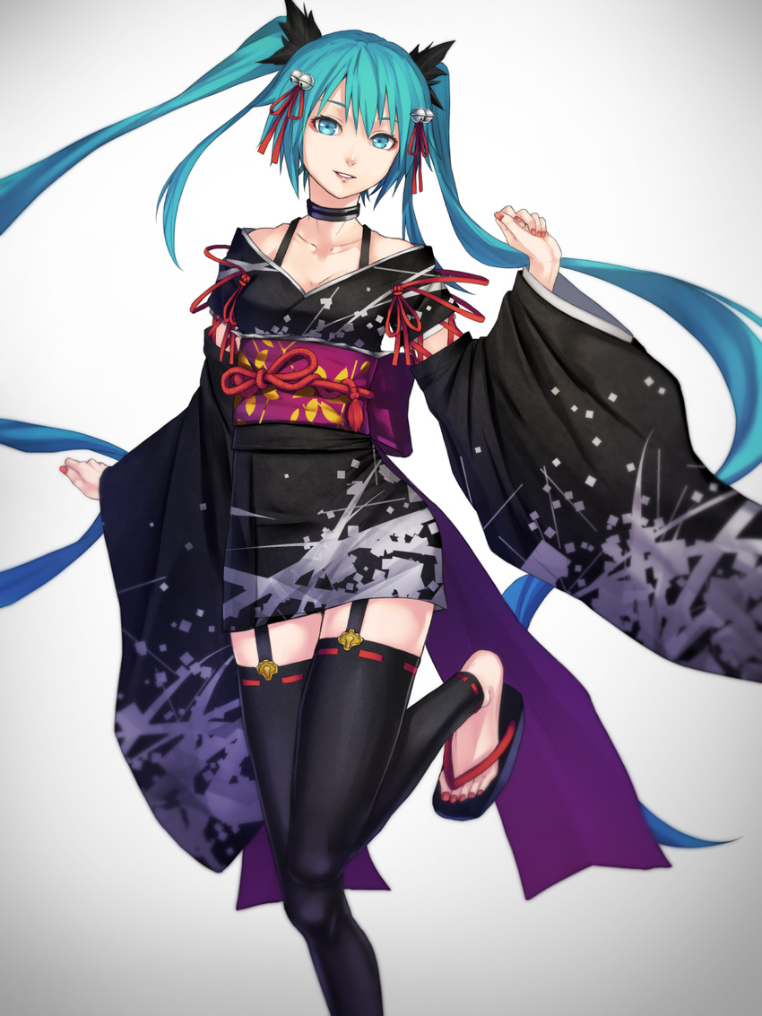 aqua_eyes aqua_hair breasts choker garter_straps hatsune_miku highres japanese_clothes kimono kimono_skirt long_hair nail_polish obi sandals sash small_breasts solo sugi_214 thighhighs toenail_polish twintails very_long_hair vocaloid