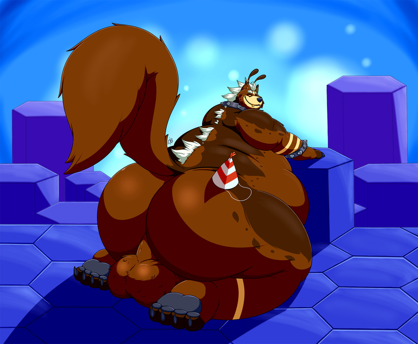 abstract_background anthro backsack balls bear belly big_balls big_belly big_butt brown_fur butt canine collar djermengandre djermengandre_(character) dog fluffy fluffy_tail fur half-closed_eyes hi_res huge_butt hybrid kneeling looking_back male mammal obese overweight perineum presenting presenting_hindquarters raised_tail smile solo spike_collar thick_thighs wide_hips