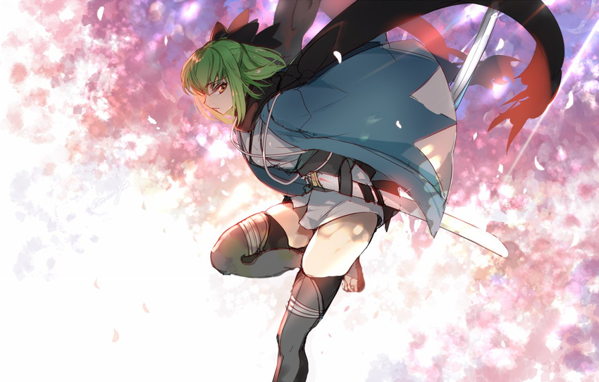 black_legwear black_scarf blurry blurry_background breasts c.c. cherry_blossoms closed_mouth code_geass cosplay creayus fate_(series) from_side green_hair holding holding_sword holding_weapon japanese_clothes katana kimono koha-ace leaning_forward leg_up light_rays looking_at_viewer looking_to_the_side medium_breasts okita_souji_(fate) okita_souji_(fate)_(all) okita_souji_(fate)_(cosplay) petals profile sandals sash scarf serious sheath shinsengumi short_hair short_kimono solo standing standing_on_one_leg sunbeam sunlight sword thighhighs unsheathed weapon white_kimono yellow_eyes