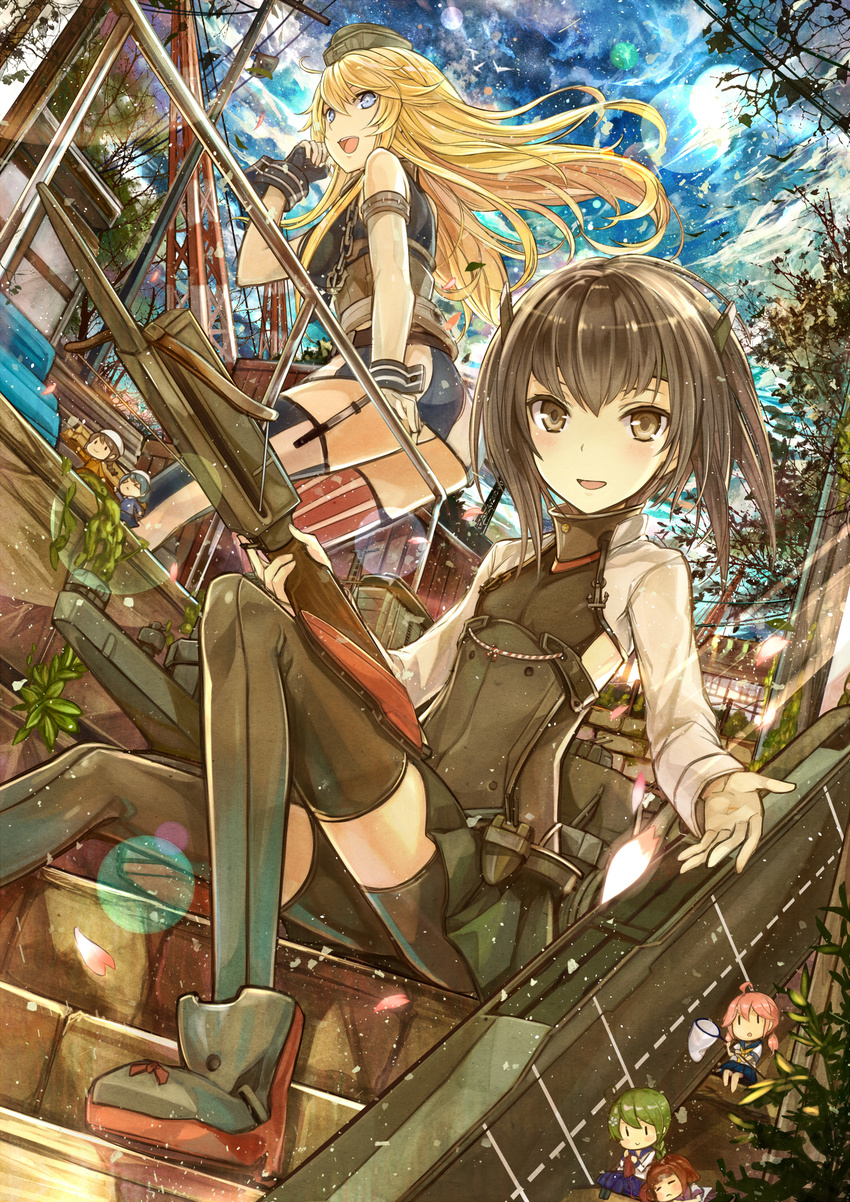 :d against_railing american_flag_legwear black_skirt blonde_hair blue_eyes blush boots bow_(weapon) brown_eyes brown_hair building butterfly_net closed_eyes crossbow dutch_angle fairy_(kantai_collection) flat_chest green_hair hand_net hat helmet_musume_(kantai_collection) highres holding iowa_(kantai_collection) kantai_collection kazabana_fuuka leaning_on_object lens_flare long_hair long_sleeves minigirl mismatched_legwear multiple_girls open_mouth pink_hair pleated_skirt railing short_hair sitting skirt sleeping smile stairs star_(sky) taihou_(kantai_collection) thighhighs type_3_depth_charge_projector type_3_shell weapon wind wrist_cuffs zuiun_(kantai_collection) |_|