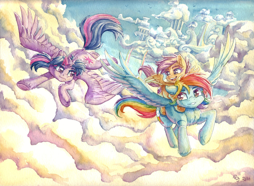 cloudsdale equine female flying friendship_is_magic group horn mammal my_little_pony pegasus rainbow_dash_(mlp) scootaloo_(mlp) the-wizard-of-art traditional_media_(artwork) twilight_sparkle_(mlp) winged_unicorn wings
