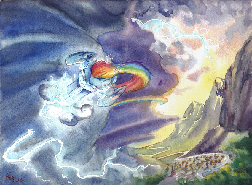 2016 canterlot electricity equine female flying friendship_is_magic lightning mammal my_little_pony pegasus ponyville rainbow_dash_(mlp) the-wizard-of-art traditional_media_(artwork) wings
