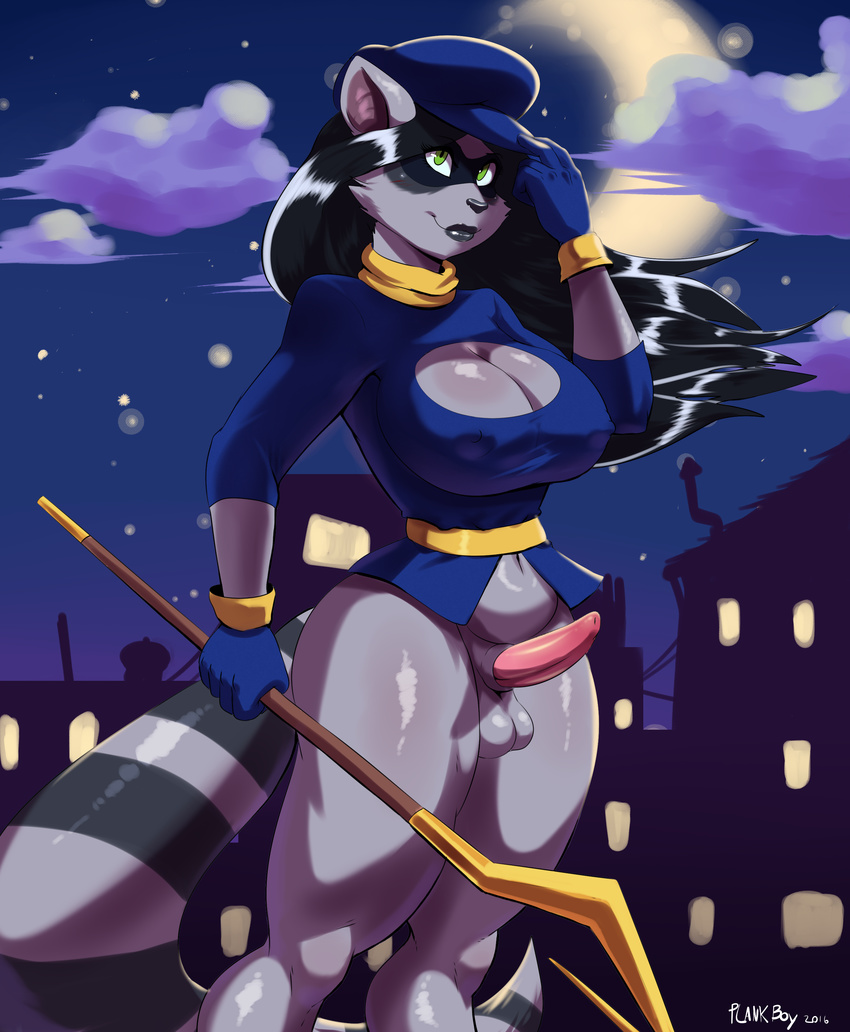 2016 absurd_res anthro balls big_breasts black_hair bottomless breasts cleavage clothed clothing cloud cosplay crescent_moon dickgirl gloves green_eyes hair hat hi_res holding_object intersex long_hair mammal moon night nipple_bulge outside penis plankboy raccoon sky sly_cooper sly_cooper_(series) solo staff star video_games