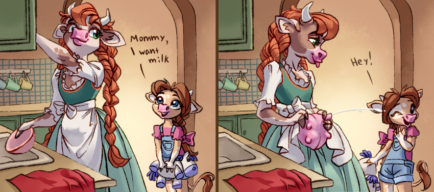 anthro apron blue_eyes bovid bovine braided_hair cattle clothing comic daughter detailed_background dress duo green_eyes hair holivi horn lactating mammal milk mother mother_and_daughter parent ponytail teats tongue udders young