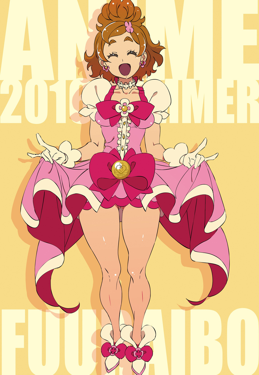 &gt;_&lt; :d absurdres ass_visible_through_thighs breasts choker closed_eyes cosplay cure_flora cure_flora_(cosplay) earrings eyebrows fujii_shingo gloves go!_princess_precure haruno_haruka highres jewelry magical_girl open_mouth ponytail precure short_hair skirt skirt_lift small_breasts smile solo thick_eyebrows thick_thighs thighs toned xd