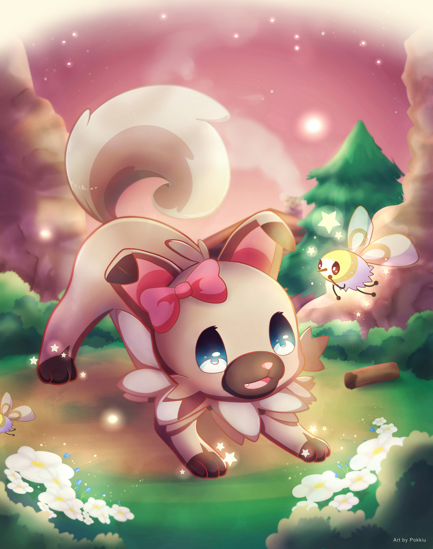artist_name blue_eyes bow cutiefly dog flower gen_7_pokemon grass highres insect_wings leaf no_humans open_mouth pokemon pokemon_(creature) pokkiu rockruff sky sparkle star tree wings