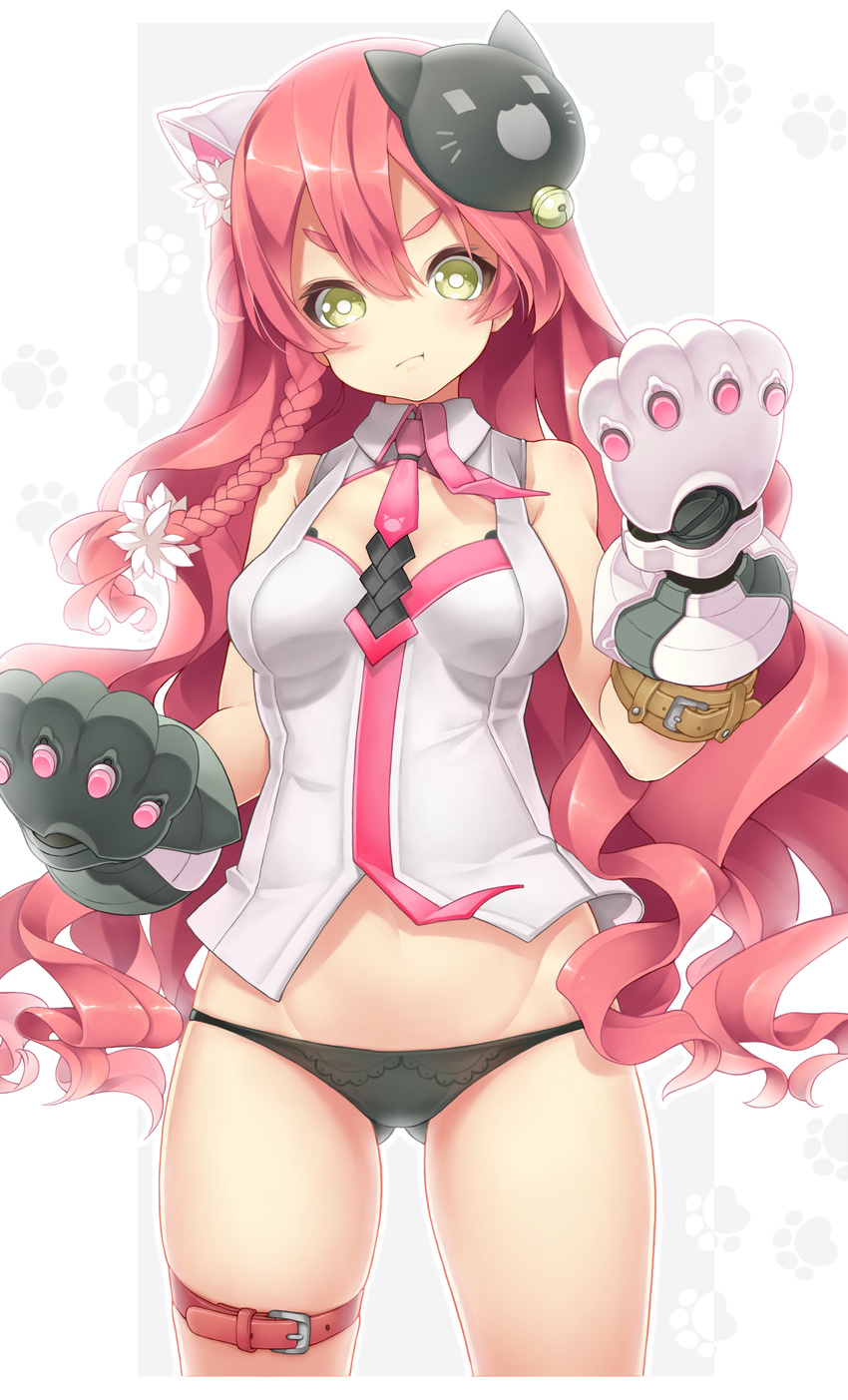 :t animal_ears ass_visible_through_thighs bare_shoulders black_panties braid breasts cat_ears cat_mask eyebrows green_eyes groin head_tilt highres long_hair medium_breasts necktie ooki_taichi original panties paw_print paws pink_hair pink_neckwear simple_background solo thick_eyebrows thigh_strap underwear very_long_hair white_background wing_collar