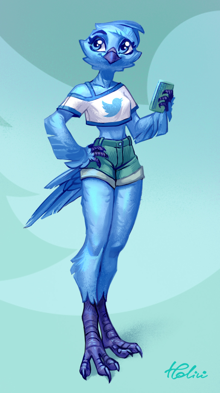 2019 avian bird blue_theme cellphone clothing female holivi phone pose shorts solo standing talons tweetfur twitter