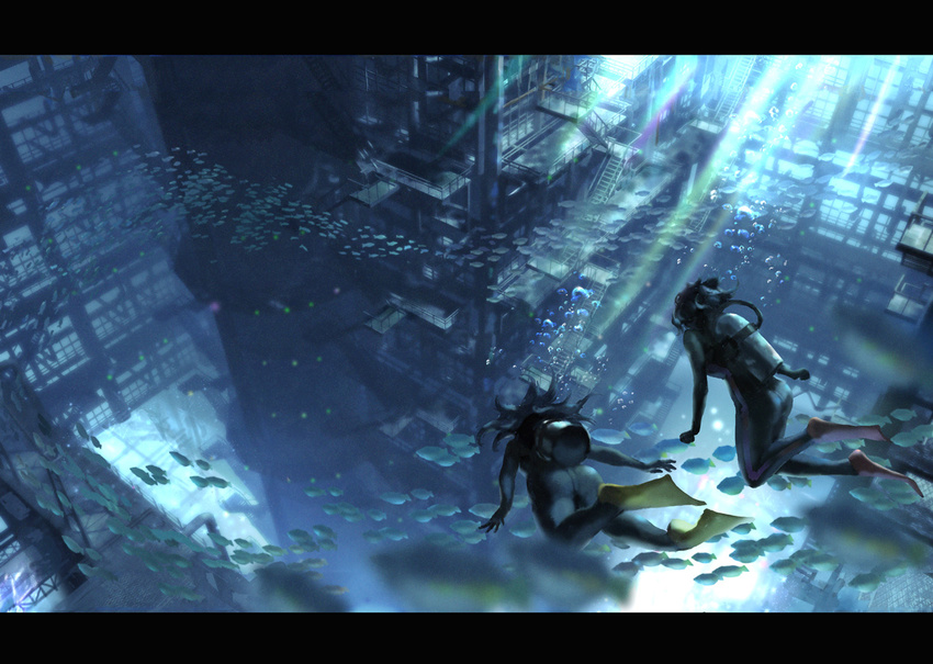 ass black_hair blurry building denki depth_of_field diving diving_suit facing_away fish flippers floating_hair flood from_behind letterboxed light_rays long_hair multiple_girls original ruins scenery school_of_fish scuba scuba_gear scuba_tank stairs underwater wetsuit