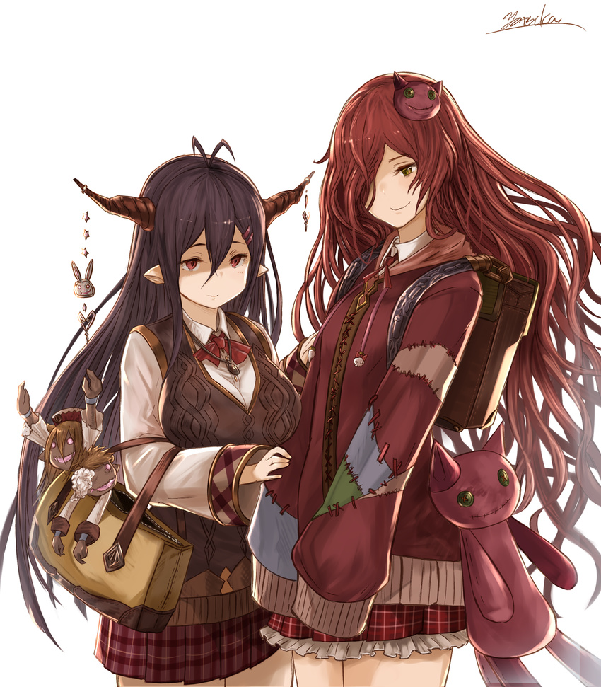absurdres alternate_costume anna_(granblue_fantasy) antenna_hair bag black_hair breasts cat_hair_ornament danua draph granblue_fantasy hair_between_eyes hair_ornament hair_over_one_eye highres horns jewelry large_breasts long_hair looking_at_viewer multiple_girls necklace plaid plaid_skirt pointy_ears red_eyes red_hair school_bag school_briefcase school_uniform simple_background skirt smile stuffed_animal stuffed_cat stuffed_toy very_long_hair vest white_background yatsuka_(846)