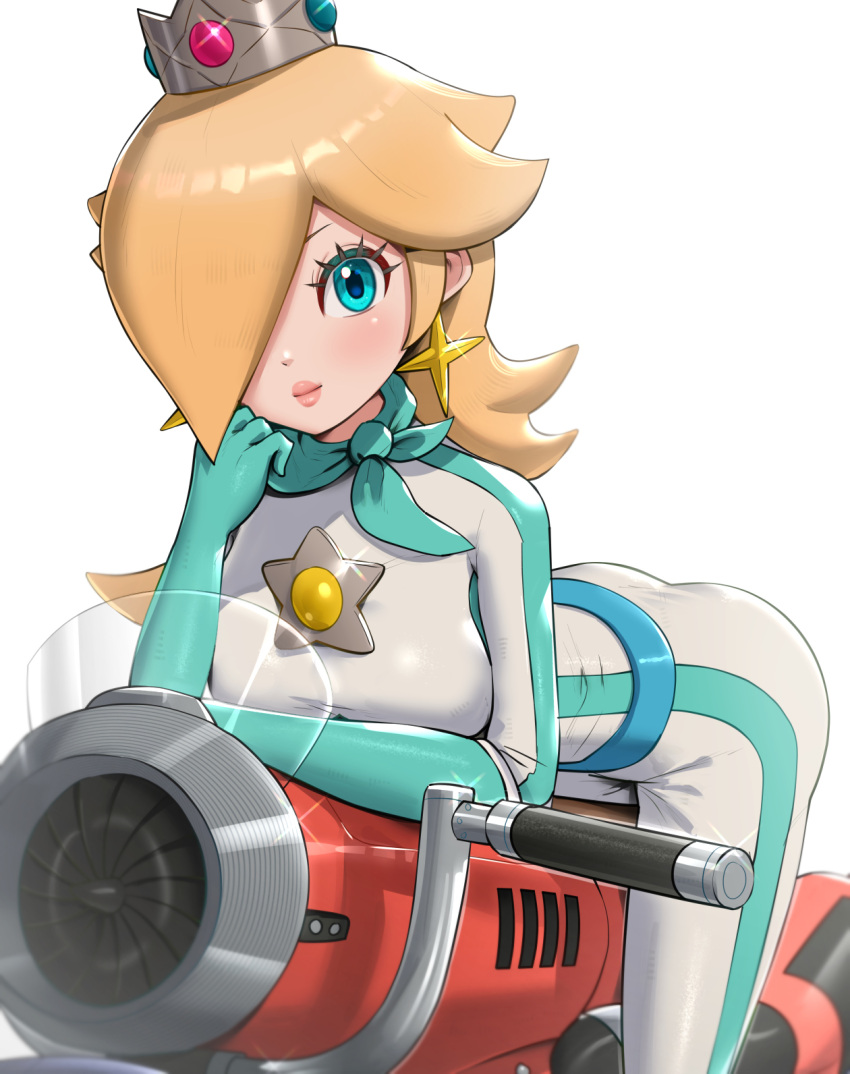 1girl aqua_eyes bent_over biker_clothes bikesuit blonde_hair bodysuit breasts closed_mouth commentary_request crown earrings elbow_rest glint gonzarez ground_vehicle hair_over_one_eye highres jewelry lips looking_at_viewer mario_(series) mario_kart motor_vehicle motorcycle official_alternate_costume rosalina scarf skin_tight solo star_(symbol) star_earrings white_bodysuit