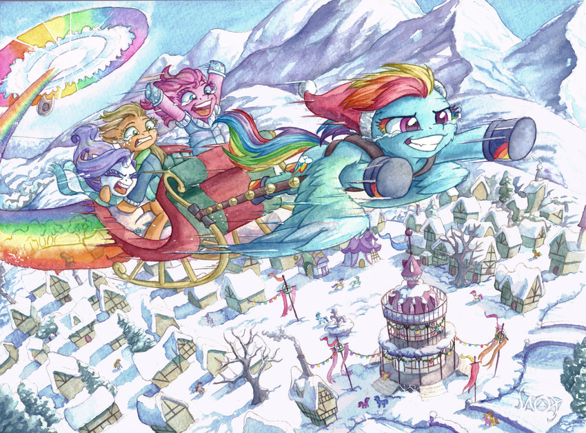 2015 applejack_(mlp) christmas equine female friendship_is_magic hat holidays horn horse mammal my_little_pony pegasus pinkie_pie_(mlp) pony ponyville rainbow rainbow_dash_(mlp) rarity_(mlp) santa_hat sonic_rainboom tears the-wizard-of-art traditional_media_(artwork) unicorn wings