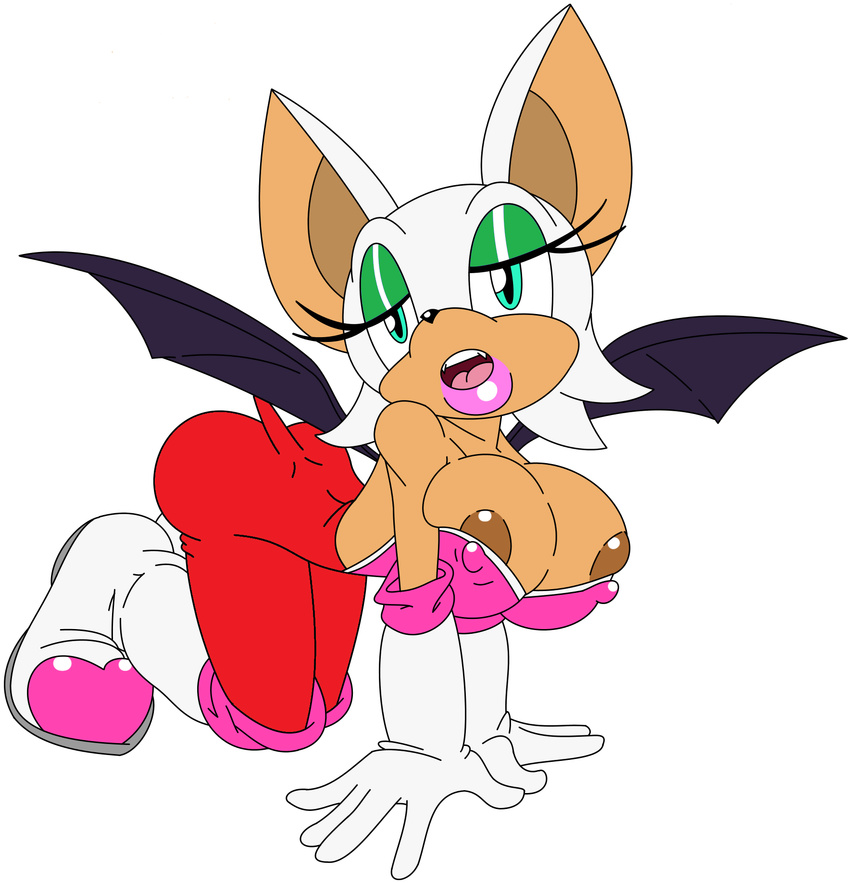 anthro areola bat big_breasts blue_eyes breasts cleavage clothed clothing erect_nipples female frontierbrain hair hi_res mammal nipple_bulge nipples rouge_the_bat simple_background solo sonic_(series) white_background white_hair