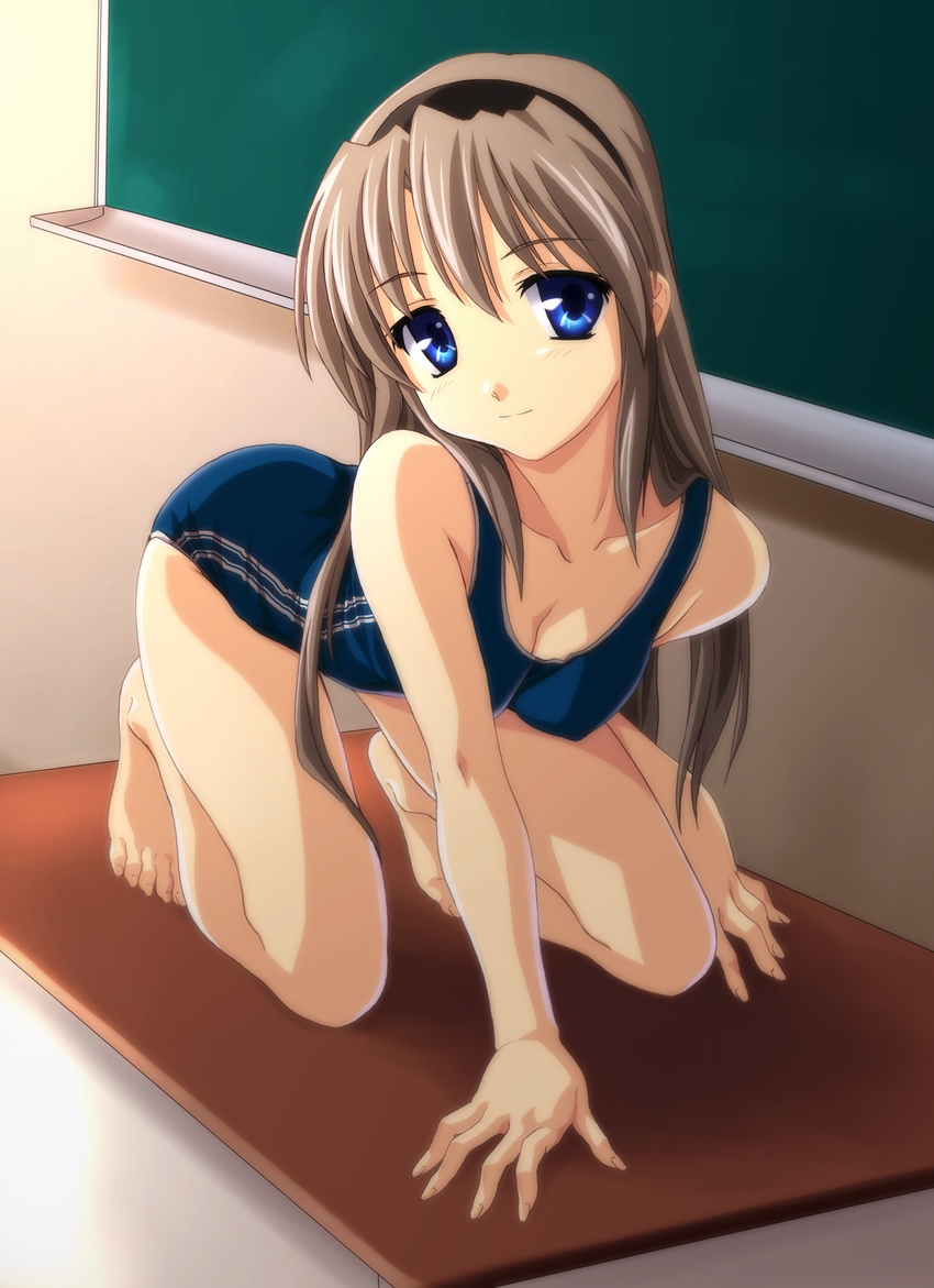 all_fours barefoot blue_eyes breasts brown_hair clannad classroom cleavage feet hairband hands highres indoors long_hair medium_breasts non-web_source norizou_type-r one-piece_swimsuit sakagami_tomoyo school_swimsuit smile solo swimsuit