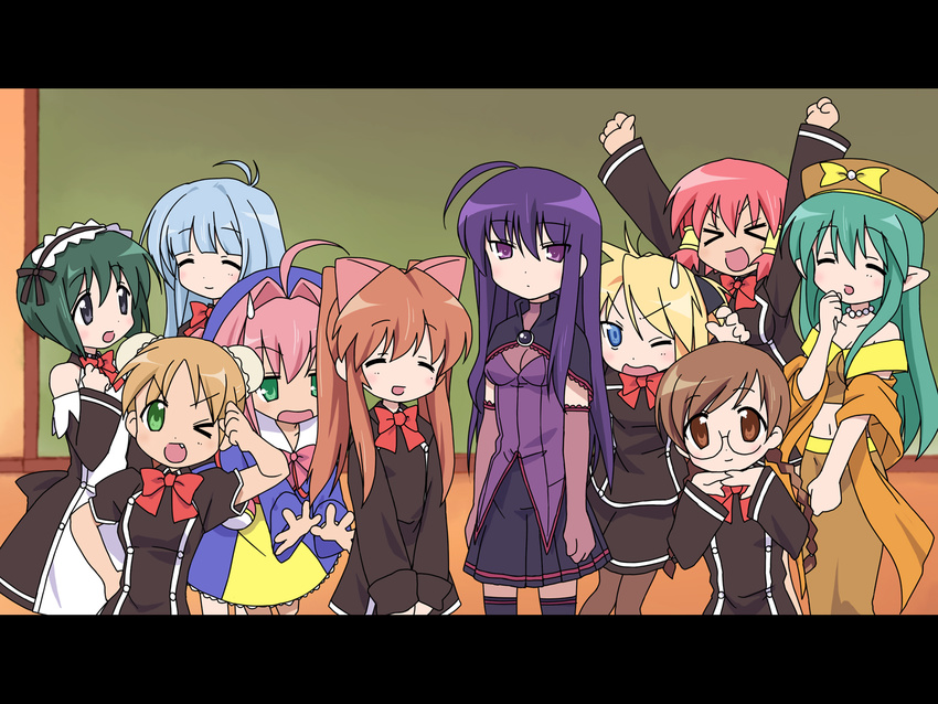 &gt;_&lt; aloe_(quiz_magic_academy) blonde_hair blue_eyes brown_eyes brown_hair clala closed_eyes everyone green_eyes green_hair highres hiiragi_kagami hiiragi_tsukasa iwasaki_minami izumi_konata kobayakawa_yutaka kusakabe_misao letterboxed light_blue_hair light_brown_hair long_hair lucky_star lydia_(quiz_magic_academy) malariya marron_(quiz_magic_academy) minegishi_ayano motteke!_serafuku multiple_girls pantyhose parody patricia_martin pink_hair purple_eyes purple_hair quiz_magic_academy riel ruquia sakura_misaki_(sakura_densetsu) satsuki_(quiz_magic_academy) shalon short_hair style_parody takara_miyuki tamura_hiyori thighhighs yang_yang