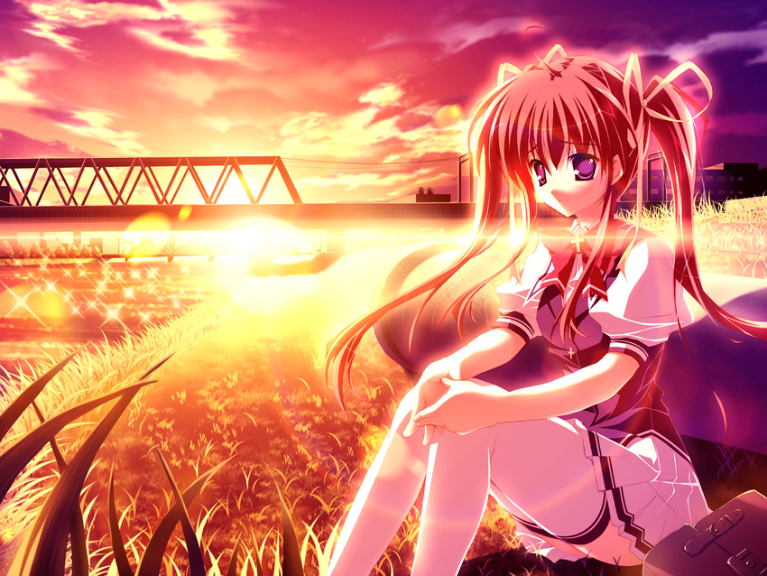 1girl asakura_nanao bridge grass hair_ribbon highres long_hair lyrical_lyric pink_hair ribbon river school_uniform sitting skirt sky solo sunset thighhighs twintails wallpaper white_legwear