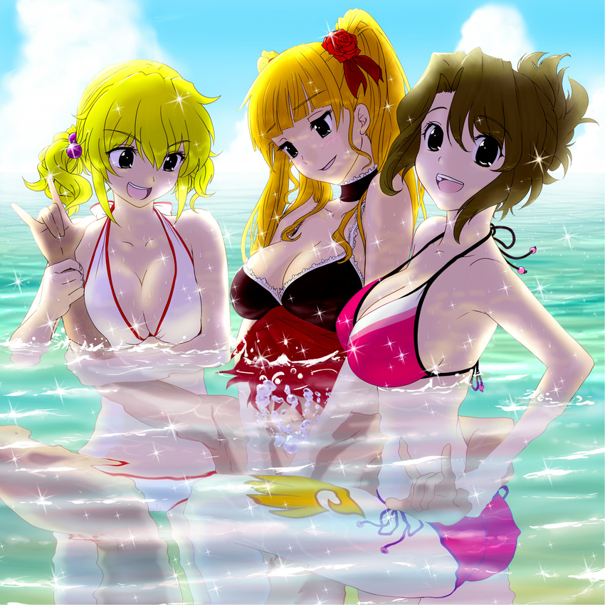 \m/ akahige asphyxiation beatrice bikini blonde_hair blue_eyes blush breast_rest breasts breasts_on_head brown_hair bubble cleavage day drowning femdom hair_bobbles hair_ornament hands highres large_breasts long_hair multiple_girls open_mouth partially_submerged red_hair shannon short_hair side-tie_bikini submerged swimsuit umineko_no_naku_koro_ni ushiromiya_battler ushiromiya_jessica