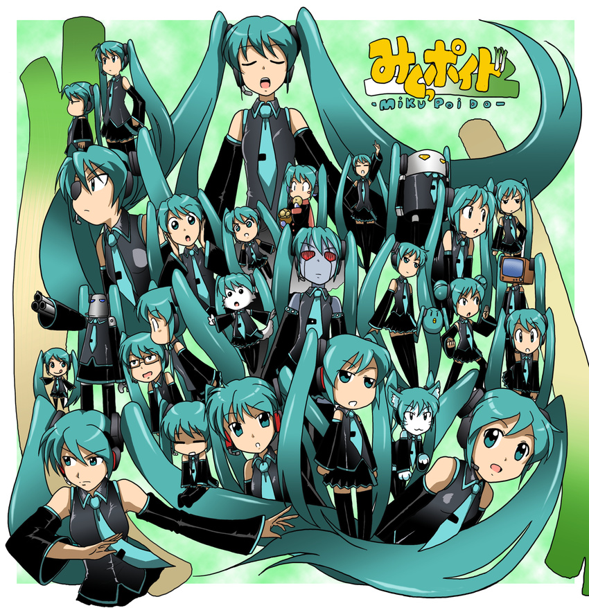 :p animal_ears cat_ears chibi detached_sleeves green_eyes green_hair hatsune_miku headphones highres kakkii long_hair necktie parody robot skirt spring_onion thighhighs tongue tongue_out twintails very_long_hair vocaloid