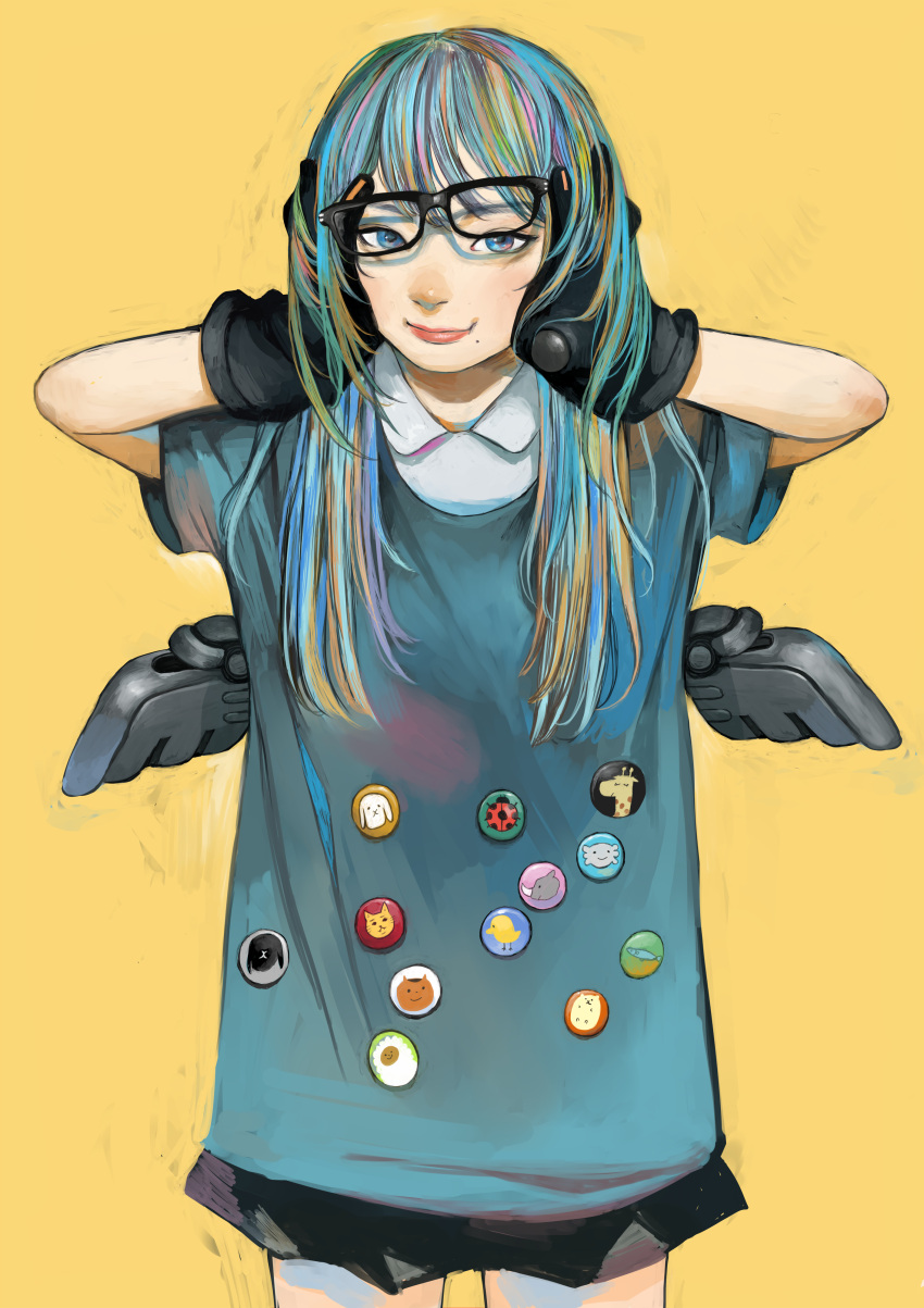 1girl absurdres arms_up badge blue_eyes blue_hair button_badge collared_shirt crooked_eyewear glasses gloves hands_in_hair hands_on_own_head highres junjunforever long_hair mechanical_wings mole mole_under_mouth multicolored_hair original shirt short_sleeves skirt solo wings yellow_background