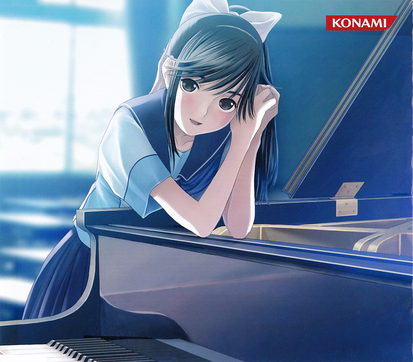 bangs black_eyes black_hair blue blue_neckwear blurry blush bow classroom company_name cowboy_shot depth_of_field grand_piano hair_bow head_rest highres indoors instrument leaning_forward long_hair looking_at_viewer love_plus mino_tarou neckerchief official_art own_hands_together piano pleated_skirt ponytail reflection school_uniform serafuku sidelocks skirt smile solo takane_manaka white_bow