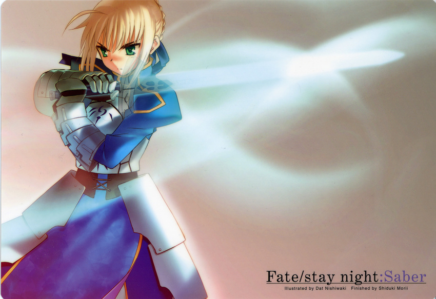 ahoge armor armored_dress artoria_pendragon_(all) blonde_hair dress excalibur fate/stay_night fate_(series) faulds gauntlets green_eyes hair_ribbon highres invisible_air nishiwaki_dat ribbon saber shitajiki solo sword weapon