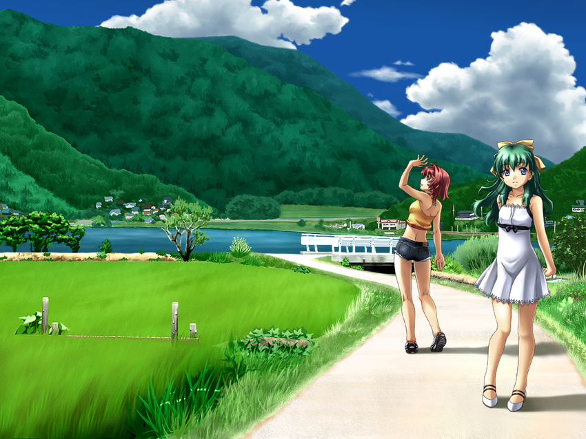 blue_eyes bow cloud day denim denim_shorts dress grass green_hair hair_bow legs long_hair miyafuji_miina multiple_girls nagayori onegai_twins onodera_karen outdoors short_hair shorts sky tree