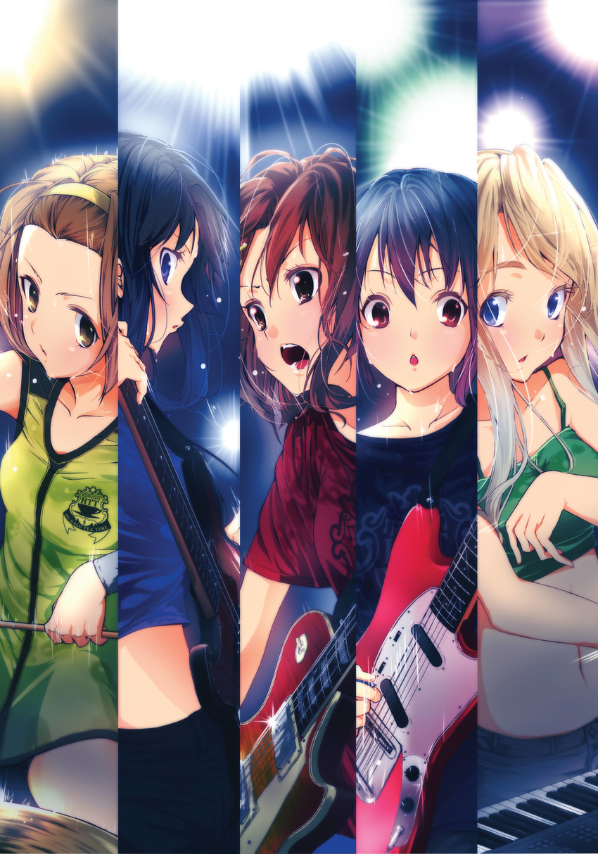 akiyama_mio bad_id bad_pixiv_id bass_guitar casual column_lineup cymbals drumsticks electric_guitar fender fender_mustang gibson guitar hairband highres hirasawa_yui instrument jazz_bass k-on! keyboard_(instrument) kotobuki_tsumugi les_paul multiple_girls nakano_azusa nishiuri_warito sweat tainaka_ritsu