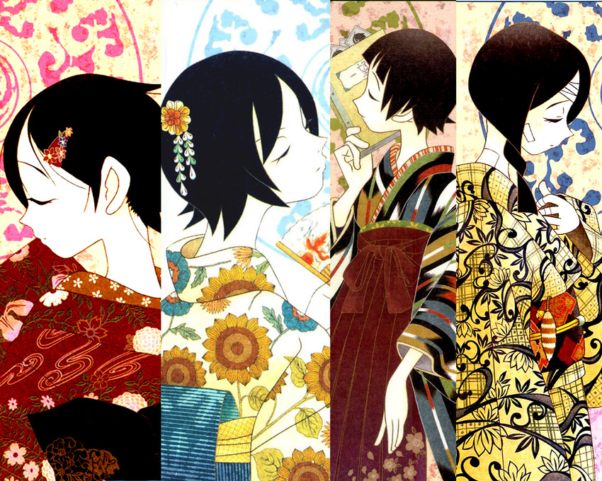 artist_request bandages black_hair closed_eyes fuura_kafuka hitou_nami japanese_clothes kimono kobushi_abiru multiple_girls sayonara_zetsubou_sensei short_hair tsunetsuki_matoi wallpaper