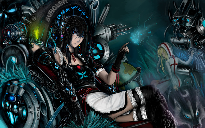 absurdres bad_id bad_pixiv_id black_hair breasts bug butterfly choker crossed_legs fingerless_gloves gloves highres insect long_hair machine magic maid mecha multiple_girls oekaki_musume original robot sitting small_breasts surolen thighhighs