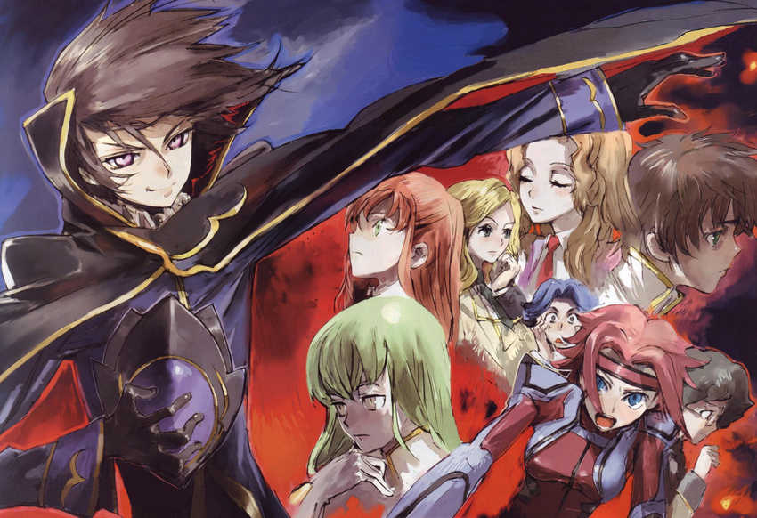 6+girls aqua_eyes ashford_academy_uniform black_hair blonde_hair blue_eyes blue_hair brown_hair c.c. cape closed_eyes code_geass geass green_eyes green_hair helmet highres kallen_stadtfeld kururugi_suzaku lelouch_lamperouge milly_ashford multiple_boys multiple_girls nina_einstein nunnally_lamperouge purple_eyes red_hair rivalz_cardemonde scan shirley_fenette smirk toi8 uniform yellow_eyes zero_(code_geass)