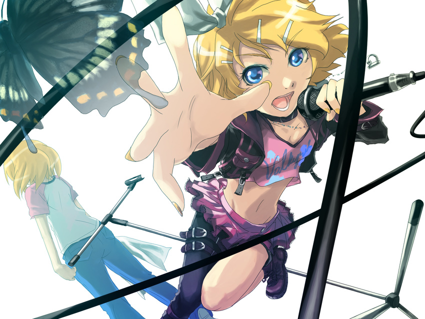 alternate_costume asymmetrical_clothes blonde_hair blue_eyes buckle bug butterfly cable collar crop_top denim dual_persona eyeshadow fingernails from_behind hair_ornament hair_ribbon hairclip hands highres insect jeans k2pudding kagamine_rin leg_lift long_fingernails makeup microphone microphone_stand midriff nail_polish pants raglan_sleeves ribbon short_hair single_pantsleg vocaloid yellow_nails