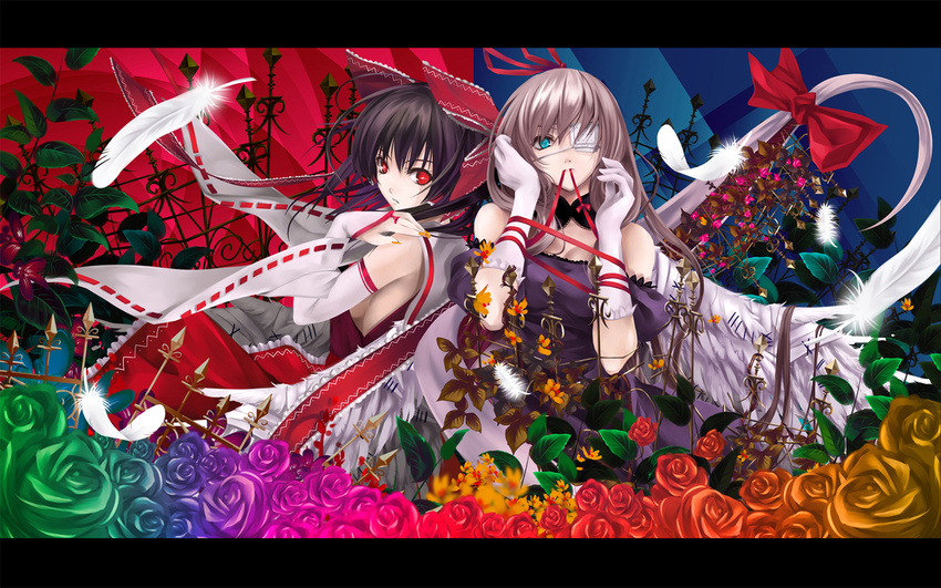 bare_shoulders black_hair blue_eyes bow breasts bridal_gauntlets cradle_(artist) duplicate eyepatch feathers flower gloves hair_bow hair_ribbon hakurei_reimu highres long_hair medium_breasts misaki_kurehito mouth_hold multiple_girls red_eyes ribbon rose sideboob touhou wallpaper yakumo_yukari