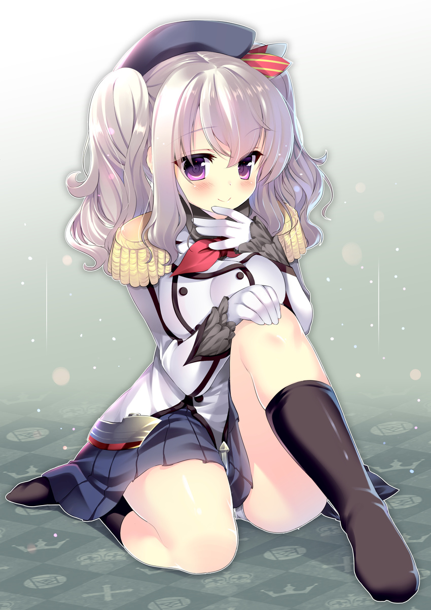 absurdres black_legwear blue_skirt gloves grey_panties hat highres kantai_collection kashima_(kantai_collection) long_hair niwaka_yuan panties pleated_skirt purple_eyes silver_hair sitting skirt smile socks solo twintails underwear white_gloves