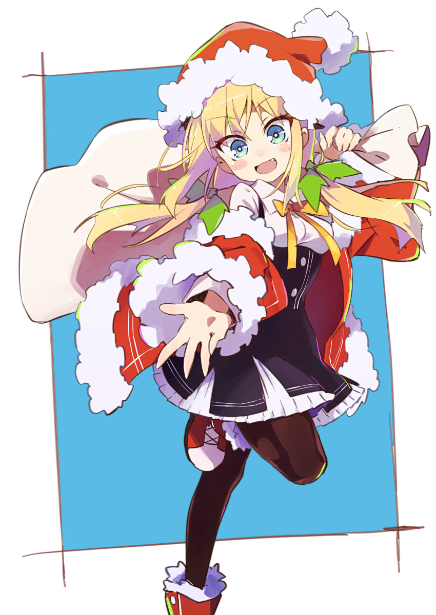 1girl :d absurdres amaryllis_class bangs black_skirt blonde_hair blue_background blue_eyes blush_stickers bow breasts brown_legwear collared_shirt commentary_request eyebrows_visible_through_hair fang fingernails frilled_skirt frills fur-trimmed_boots fur-trimmed_hat fur-trimmed_jacket fur-trimmed_sleeves fur_trim hair_between_eyes hair_ornament hat head_tilt high-waist_skirt highres holding holding_sack jacket kotohara_hinari long_hair long_sleeves low_twintails off_shoulder open_mouth outstretched_arm pantyhose pleated_skirt red_footwear red_hat red_jacket sack santa_hat shirt skirt small_breasts smile solo standing standing_on_one_leg tama_(tama-s) twintails two-tone_background v-shaped_eyebrows virtual_youtuber white_background white_shirt yellow_bow