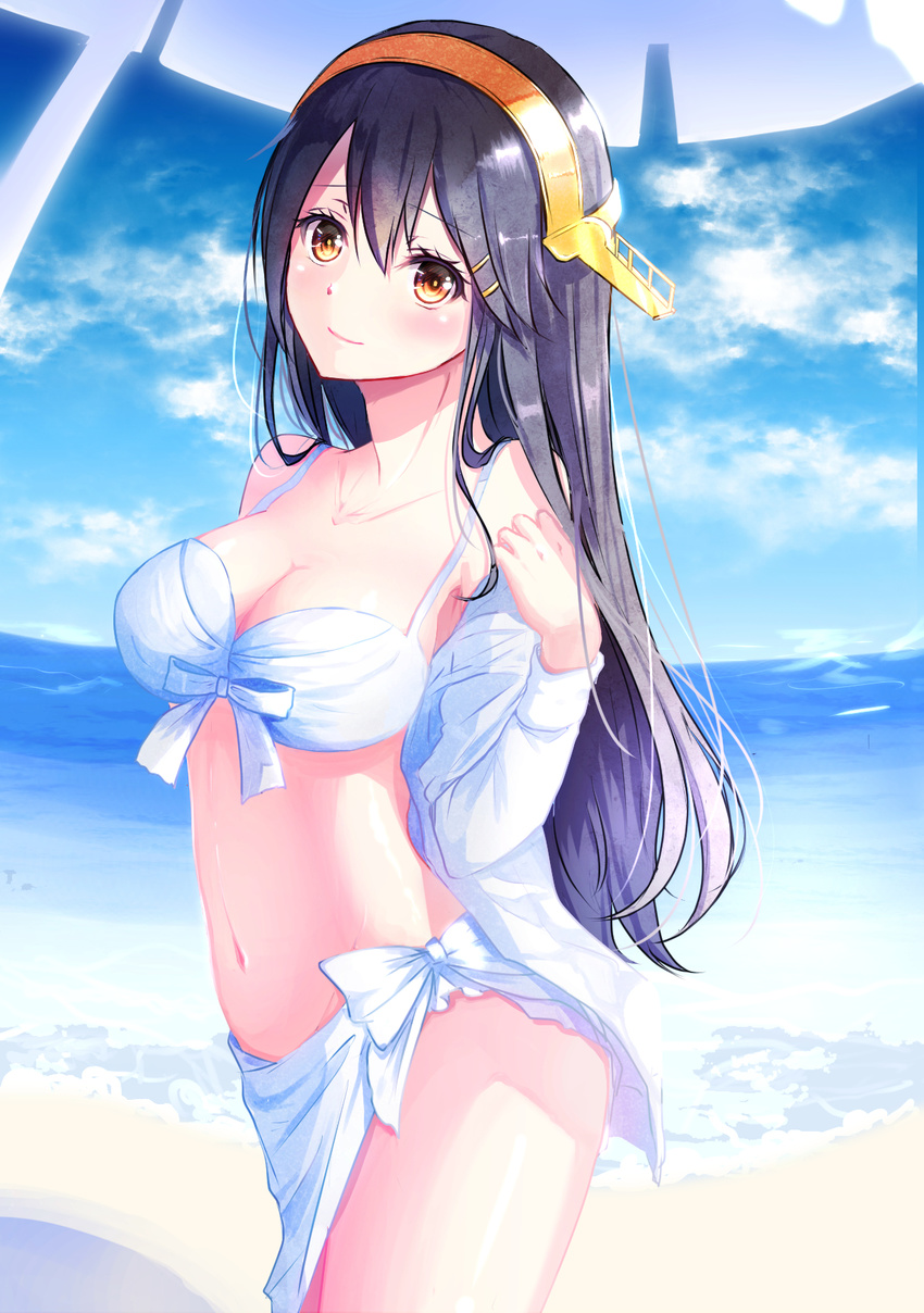 alternate_costume bare_shoulders beach beach_umbrella bikini black_hair blue_sky blush breasts brown_eyes cleavage cloud day from_side hair_ornament hairband hairclip haruna_(kantai_collection) head_tilt headgear highres horizon kantai_collection large_breasts long_hair long_sleeves looking_at_viewer navel nekomaaro off_shoulder open_clothes open_shirt outdoors sand sarong shirt shore sky solo standing stomach swimsuit thighs umbrella very_long_hair water white_bikini white_shirt