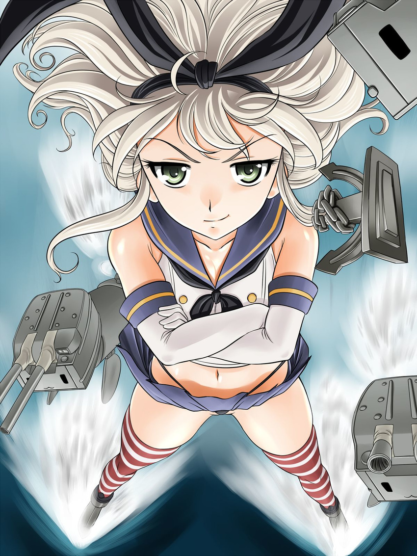 1girl anchor_hair_ornament black_panties blonde_hair collarbone crossed_arms elbow_gloves female full_body game_cg glamour_works gloves green_eyes hair_ornament highleg highleg_panties highres kantai_collection legs_apart long_hair looking_at_viewer messy_hair midriff miniskirt navel neckerchief outdoors panties pleated_skirt rensouhou-chan school_uniform shimakaze_(kantai_collection) skirt smile smirk solo standing striped striped_legwear thighhighs thong underwear uniform wind wind_lift