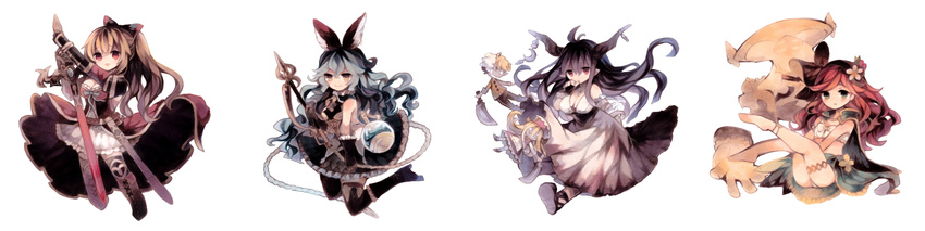 absurdres animal_ears bad_id bad_pixiv_id beaker bikini black_legwear blonde_hair bow breasts cape cleavage danua doll draph dress erune ferry_(granblue_fantasy) flower granblue_fantasy graphos gretel_(granblue_fantasy) hair_bow hair_flower hair_ornament hairband hansel_(granblue_fantasy) highres horns large_breasts leg_up long_hair long_image multiple_girls ponytail purple_hair red_eyes sara_(granblue_fantasy) simple_background sitting stuffed_toy swimsuit thigh_strap thighhighs vira_lilie white_background white_dress wide_image wiriam07 zettai_ryouiki