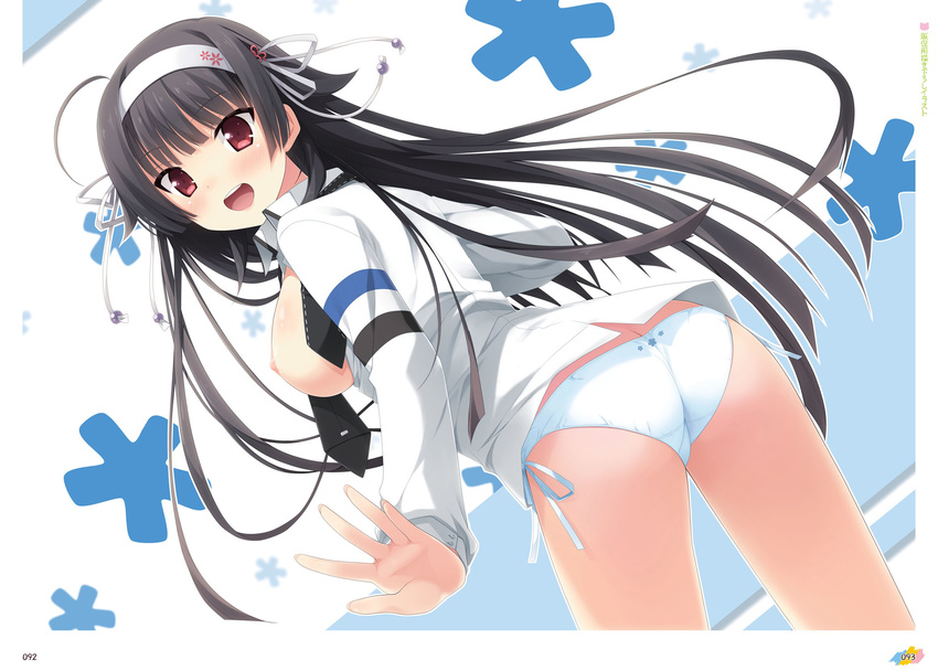 :d black_hair breasts eyebrows eyebrows_visible_through_hair hairband highres ikegami_akane imouto_no_okage_de_mote_sugite_yabai large_breasts long_hair lossy-lossless nipples open_clothes open_mouth open_shirt panties red_eyes shirt side-tie_panties smile solo toshima_maina underwear white_hairband white_panties