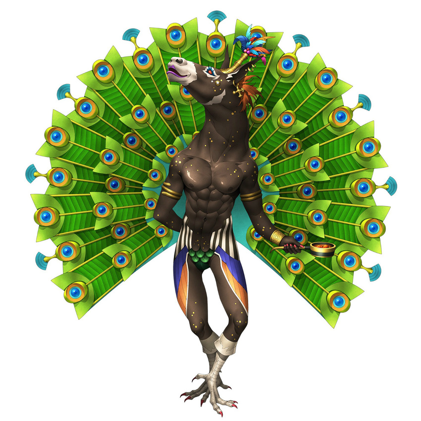 adramelech arm_behind_back bird bird_legs claws commentary doi_masayuki earrings feathers highres horse_head jewelry lipstick makeup nail_polish no_humans official_art peacock red_eyes shin_megami_tensei shin_megami_tensei_iv shin_megami_tensei_iv_final solo