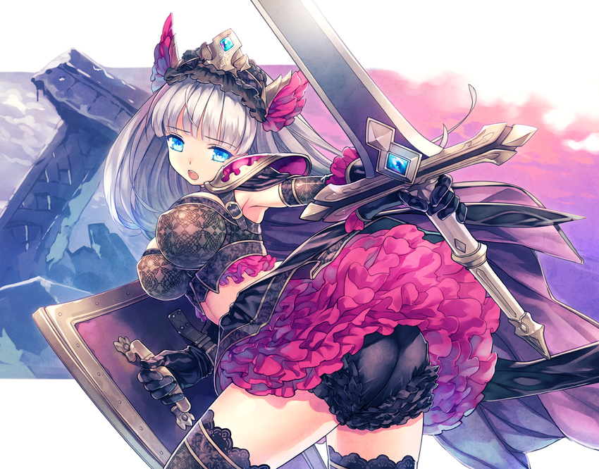 :o armpits ass bangs black_gloves black_legwear black_panties bloomers blue_eyes breasts buckle bustier cowboy_shot crop_top detached_sleeves elbow_gloves eyebrows eyebrows_visible_through_hair fantasy frilled_panties frills from_behind gem gloves hairband hirano_katsuyuki holding holding_shield holding_sword holding_weapon lace lace_legwear large_breasts leaning_forward left-handed long_hair long_sword looking_at_viewer looking_back midriff miniskirt open_mouth original outside_border outstretched_arm panties pauldrons petticoat shield silver_hair skirt sky sleeveless solo sword thighhighs underwear weapon