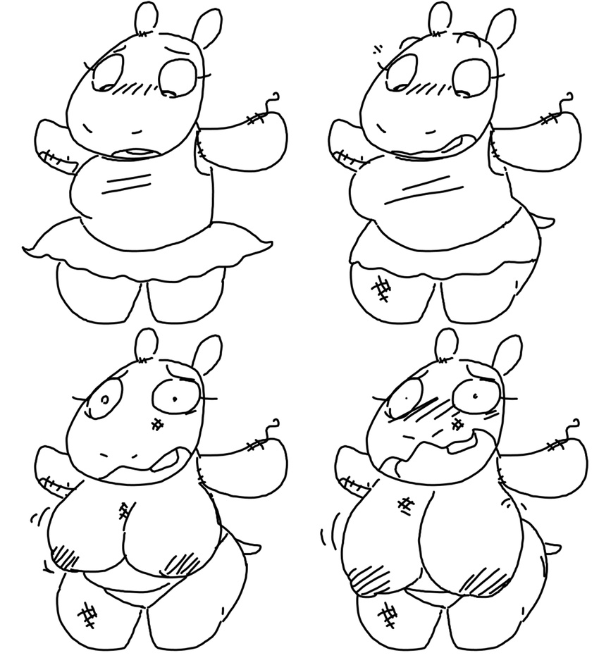 anthro big_breasts black_and_white blush breast_expansion breasts female hippopotamus huge_breasts looking_at_viewer mammal monochrome plushie princess_hippo solo the_weaver toybox_pals tutu